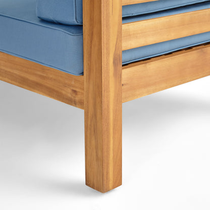 Outdoor Club Chair, Acacia Wood Patio Chair With Fabric Cushion For Backyard, Poolside, Garden Or Porch - Pecan / Blue