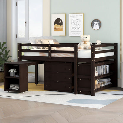 Full Loft Low Study Bed With Cabinet, Shelves And Rolling Portable Desk, Multiple Functions - Espresso
