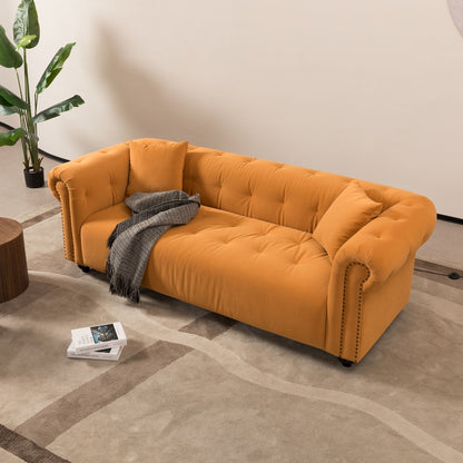 Retro Medieval Style Sofa With Roll Arms And Throw Pillows - Orange