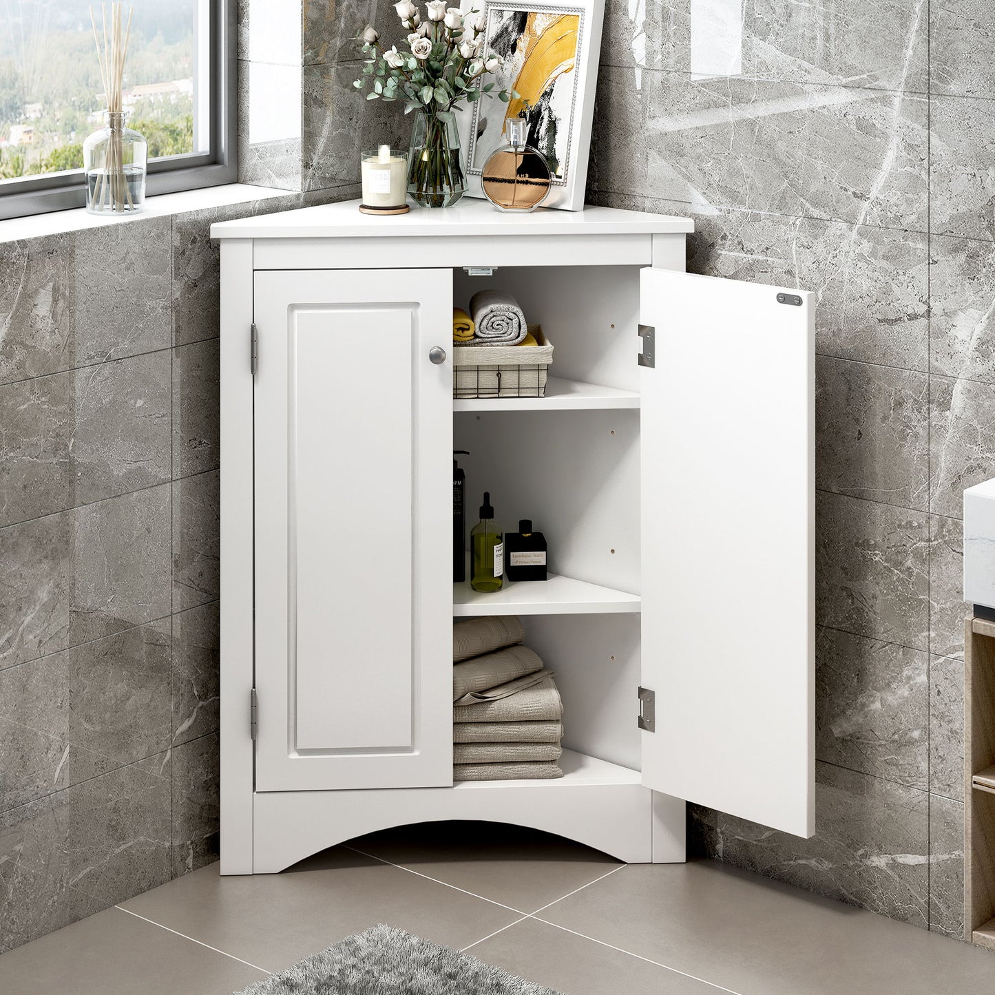 Triangle Bathroom Storage Cabinet With Adjustable Shelves, Freestanding Floor Cabinet For Home Kitchen - White
