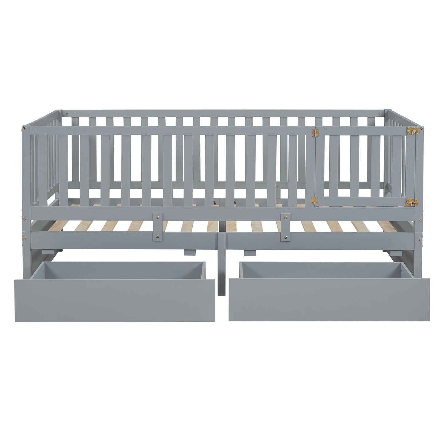 Twin Size Daybed With Fence Guardrails And 2 Drawers, Split Into Independent Floor Bed & Daybed - Gray