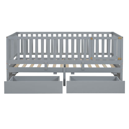 Twin Size Daybed With Fence Guardrails And 2 Drawers, Split Into Independent Floor Bed & Daybed - Gray