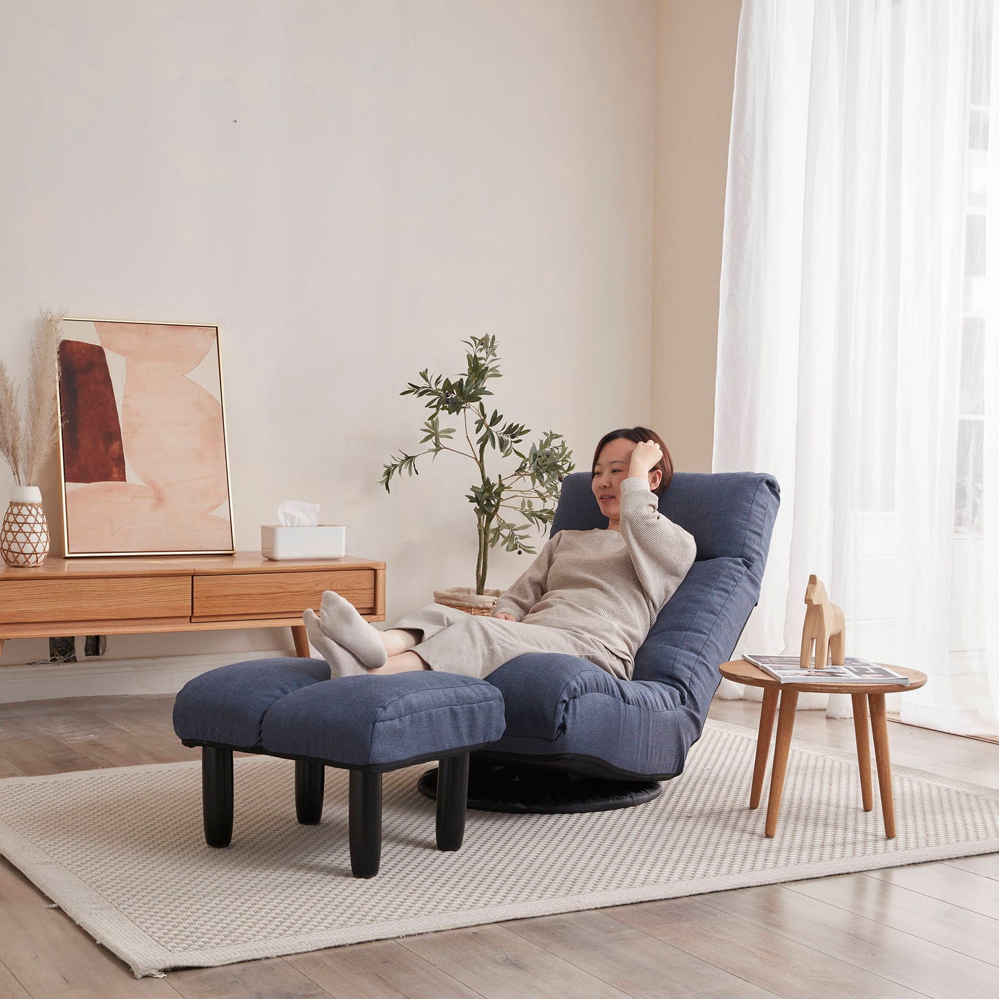 Adjustable Japanese Reclining Floor Chair Sofa With Metal Frame For Living Room & Balcony - Navy