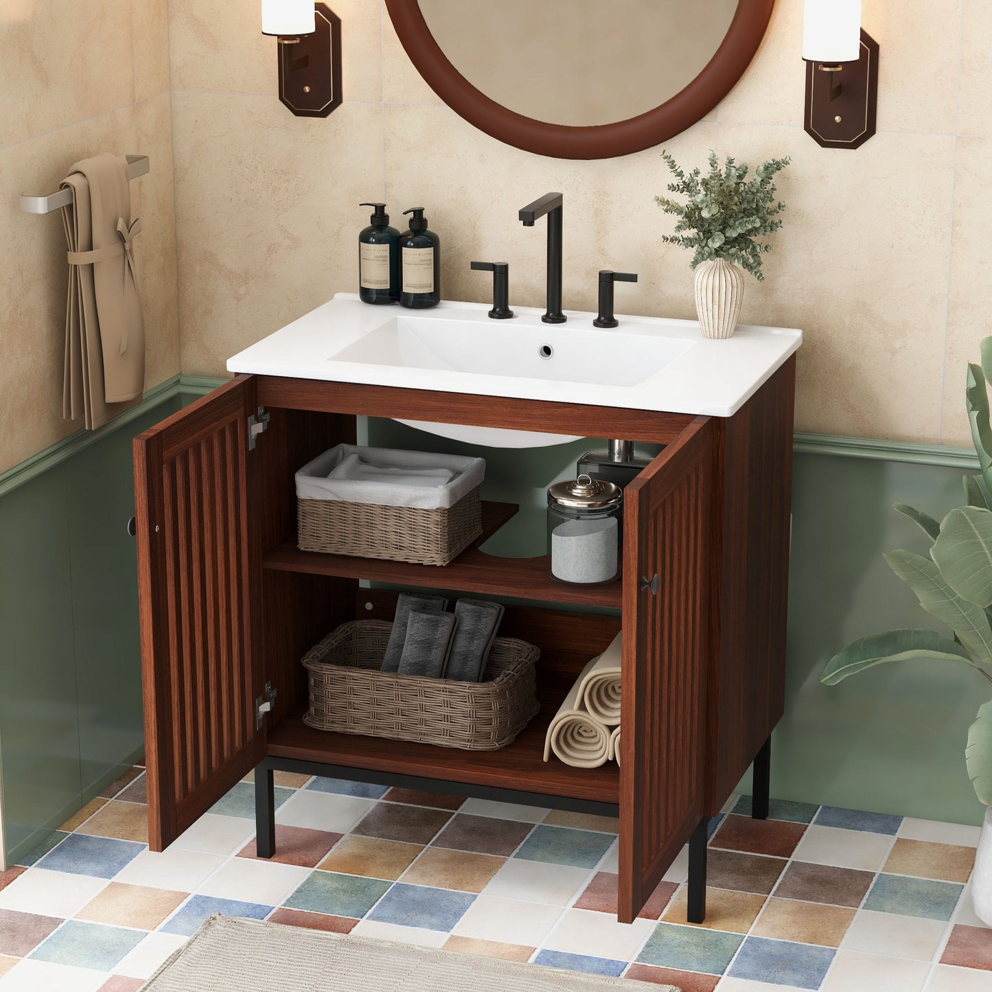 30" Vintage Bathroom Vanity With Ceramic Sink, Modern Bathroom Vanity Cabinet With 2 Soft Close Doors, Equpiied With 4 Sturdy Iron Legs - Antique Dark Brown