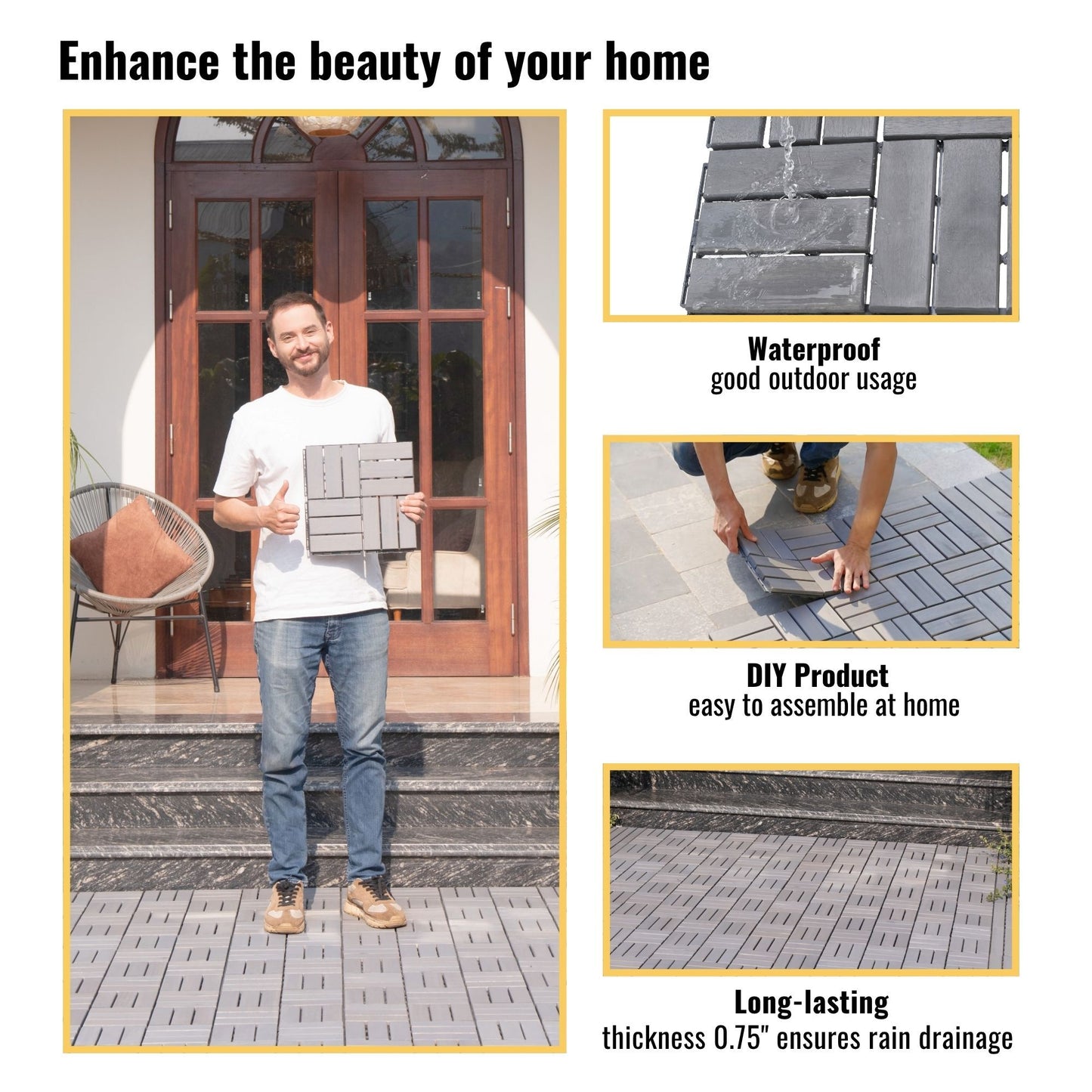 30 Piece Interlocking Deck Tiles Checker Pattern, Square Acacia Hardwood Outdoor Flooring For Patio, Bancony, Pool Side - Light Gray