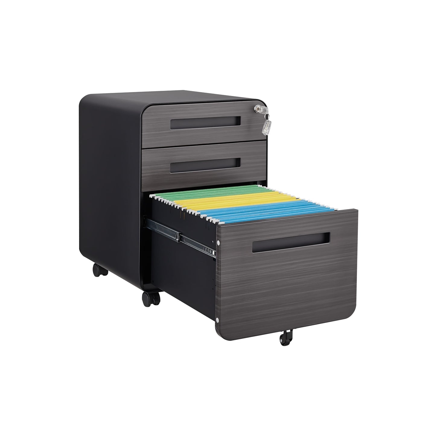 3 Drawer Mobile File Cabinet Under Desk Office, Simple Style Versatile Storage Cabinet, 5 Wheel Design Anti-Tilting Cold Rolled Steel Waterproof Moisture-Proof - Black