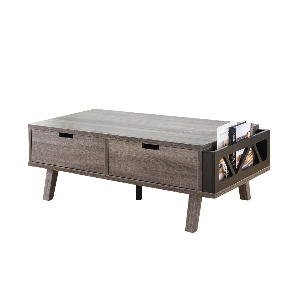 Antique Wooden Livingroom Coffee Table With Two Storage Drawers - Distressed Gray / Black