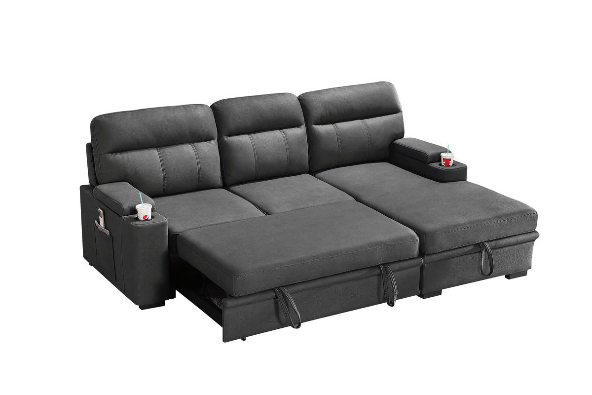Kaden - Sleeper Sectional Sofa Chaise With Storage Arms And Cupholder - Gray