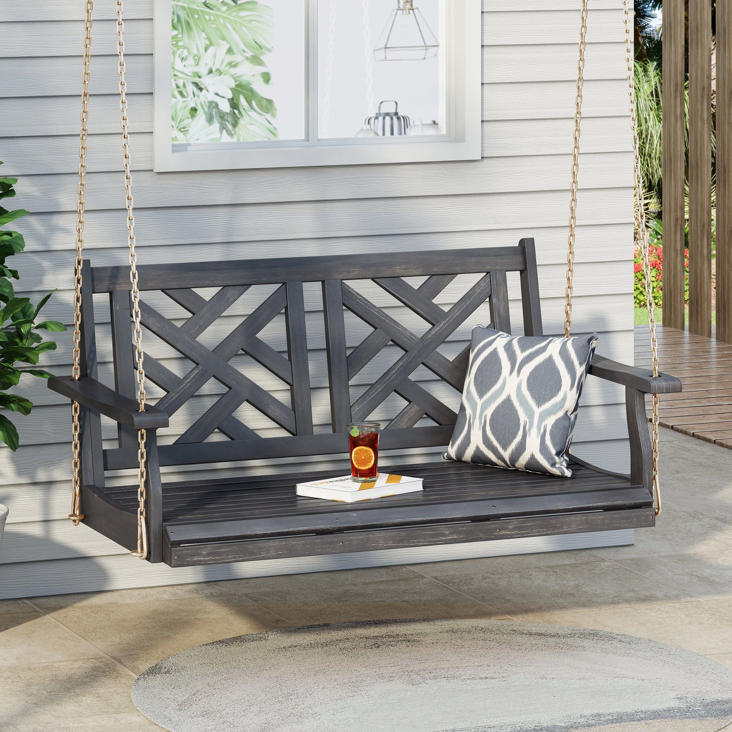 Alejandro - Acacia Wood Porch Swing With Slat Panel Seating - Dark Gray
