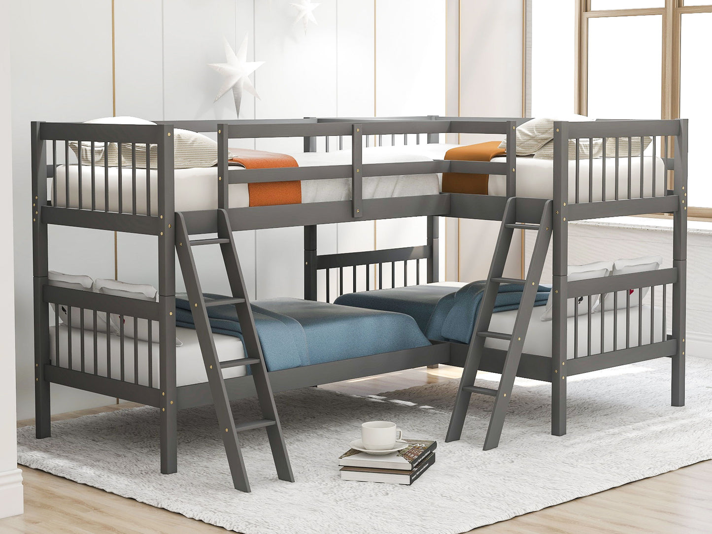 Twin Size L Shaped Bunk Bed With Ladder - Gray