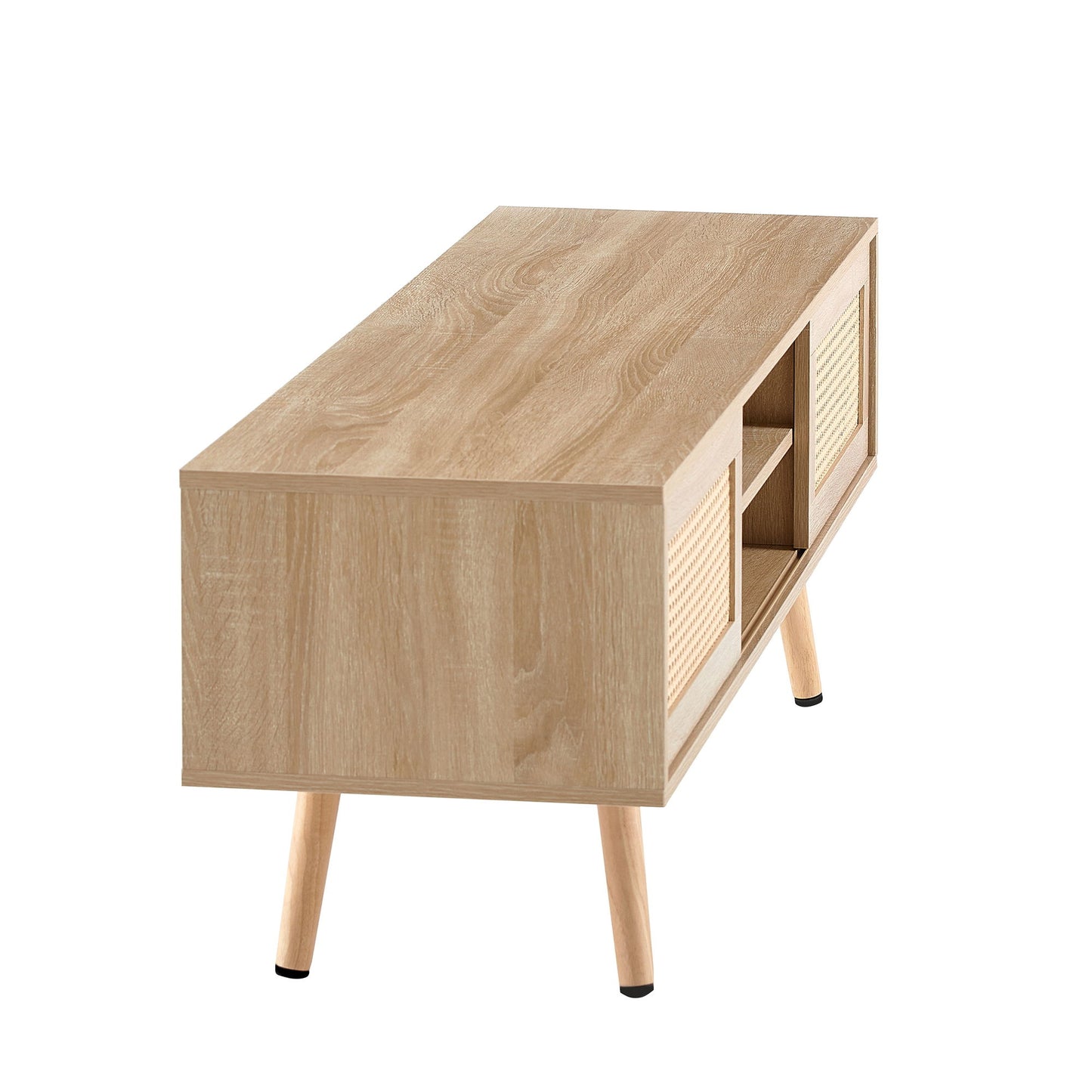 55.12" Rattan TV Cabinet, Double Sliding Doors For Storage, Adjustable Shelf, Solid Wood Legs, TV Console For Living Room - Natural