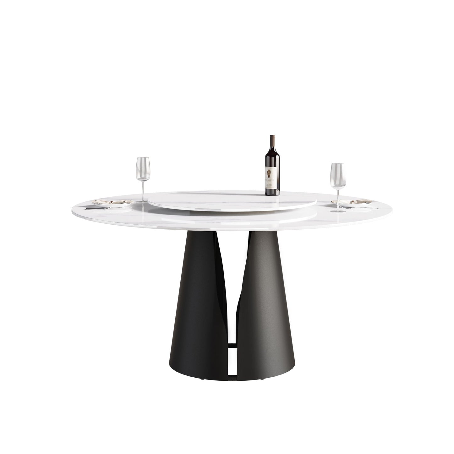 59.05" Modern Artificial Stone Round Carbon Steel Base Dining Table, Can Accommodate 6 People, White Artificial Stone Turntable - White / Black