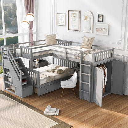 Twin Twin Over Full L Shaped Bunk Bed With 3 Drawers, Portable Desk And Wardrobe - Gray