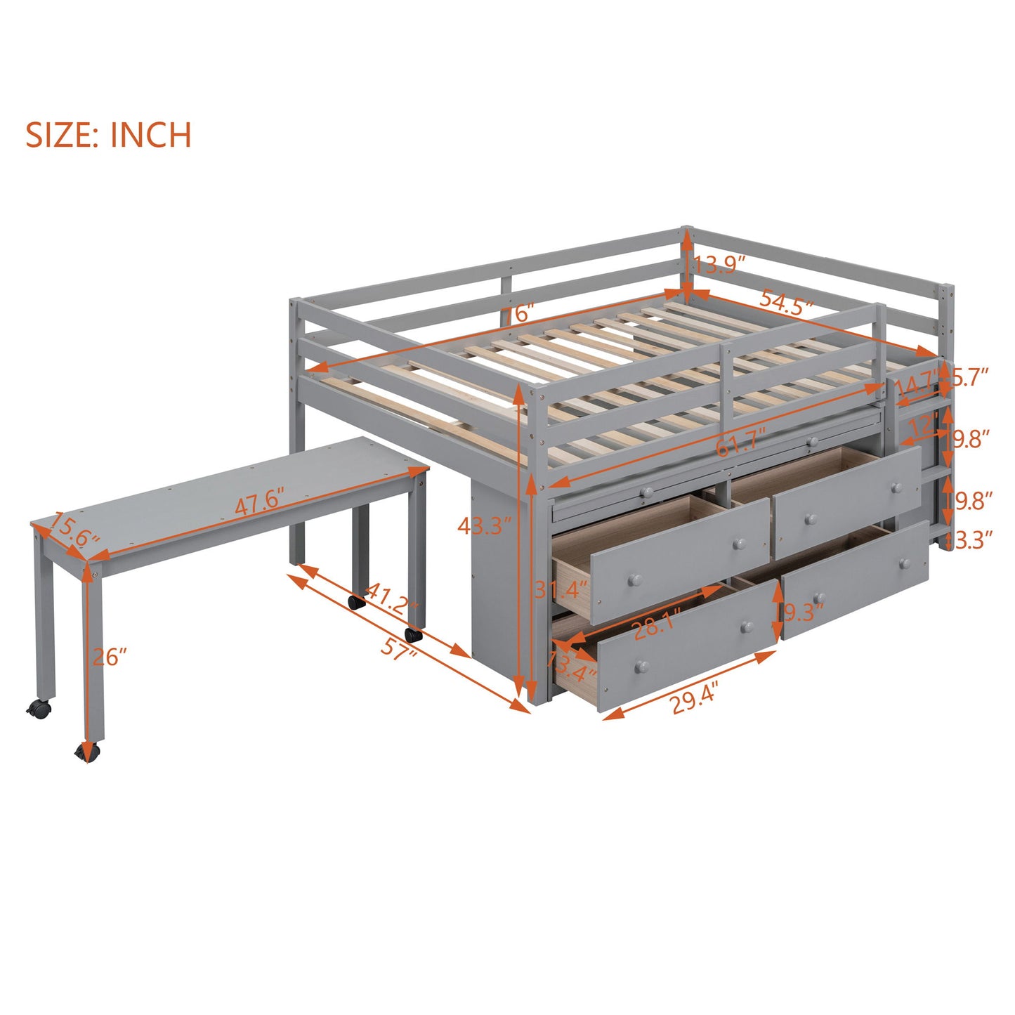 Full Size Loft Bed With Retractable Writing Desk And 4 Drawers, With Lateral Portable Desk And Shelves - Gray