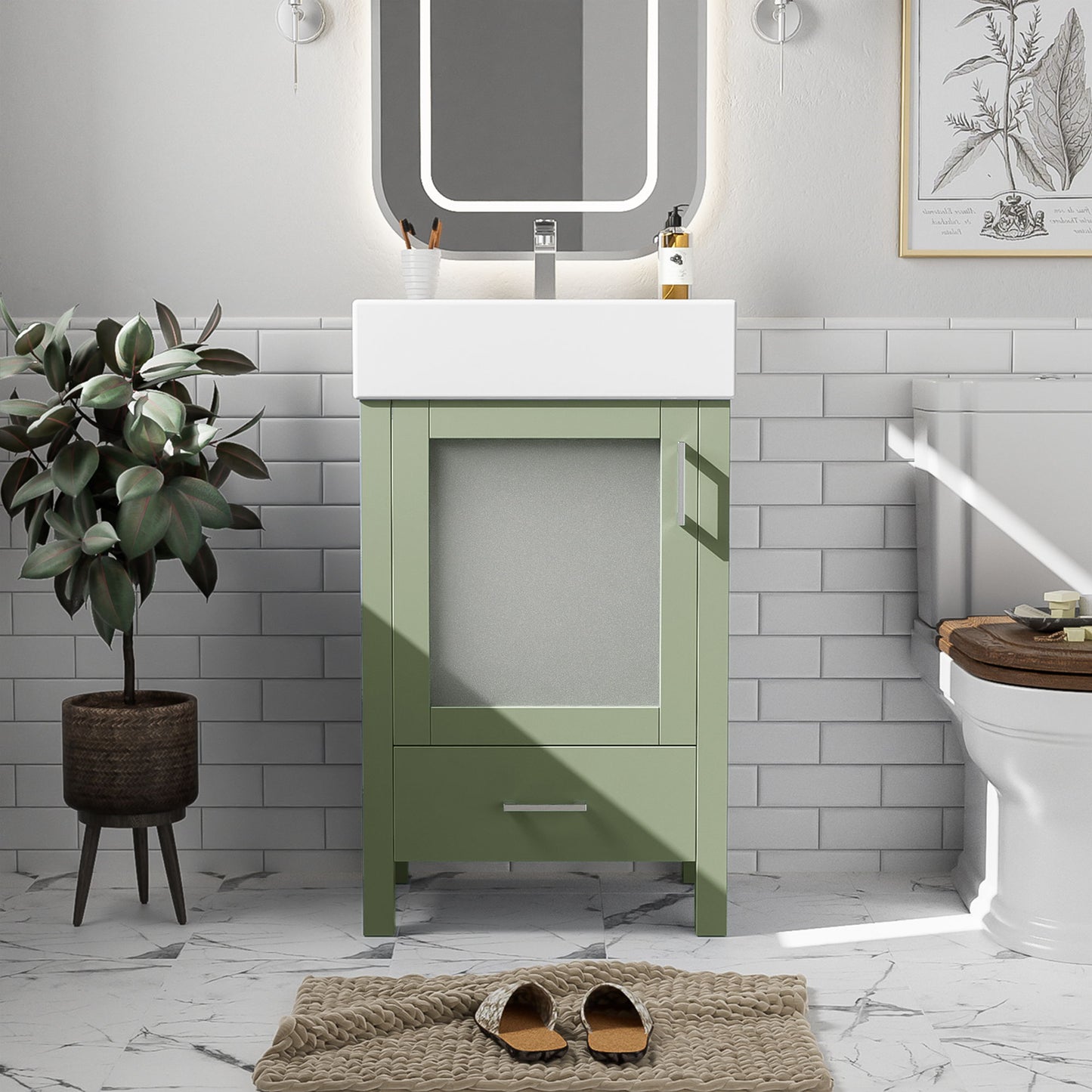 Bathroom Vanity With Ceramic Sink And Ample Storage, Ideal For Small Bathrooms - Green