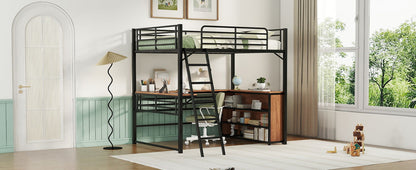 Full Size Loft Bed With 3 Layers Of Shelves And L-Shaped Desk - Black