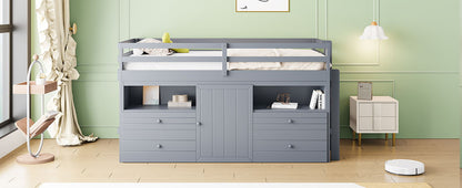 Twin Size Loft Bed With 4 Drawers, Underneath Cabinet And Shelves - Gray