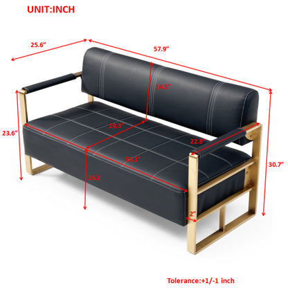 Modern Upholstery Accent Loveseat Sofa For Living Room 2 Seater With Golden Metal Arms - Black