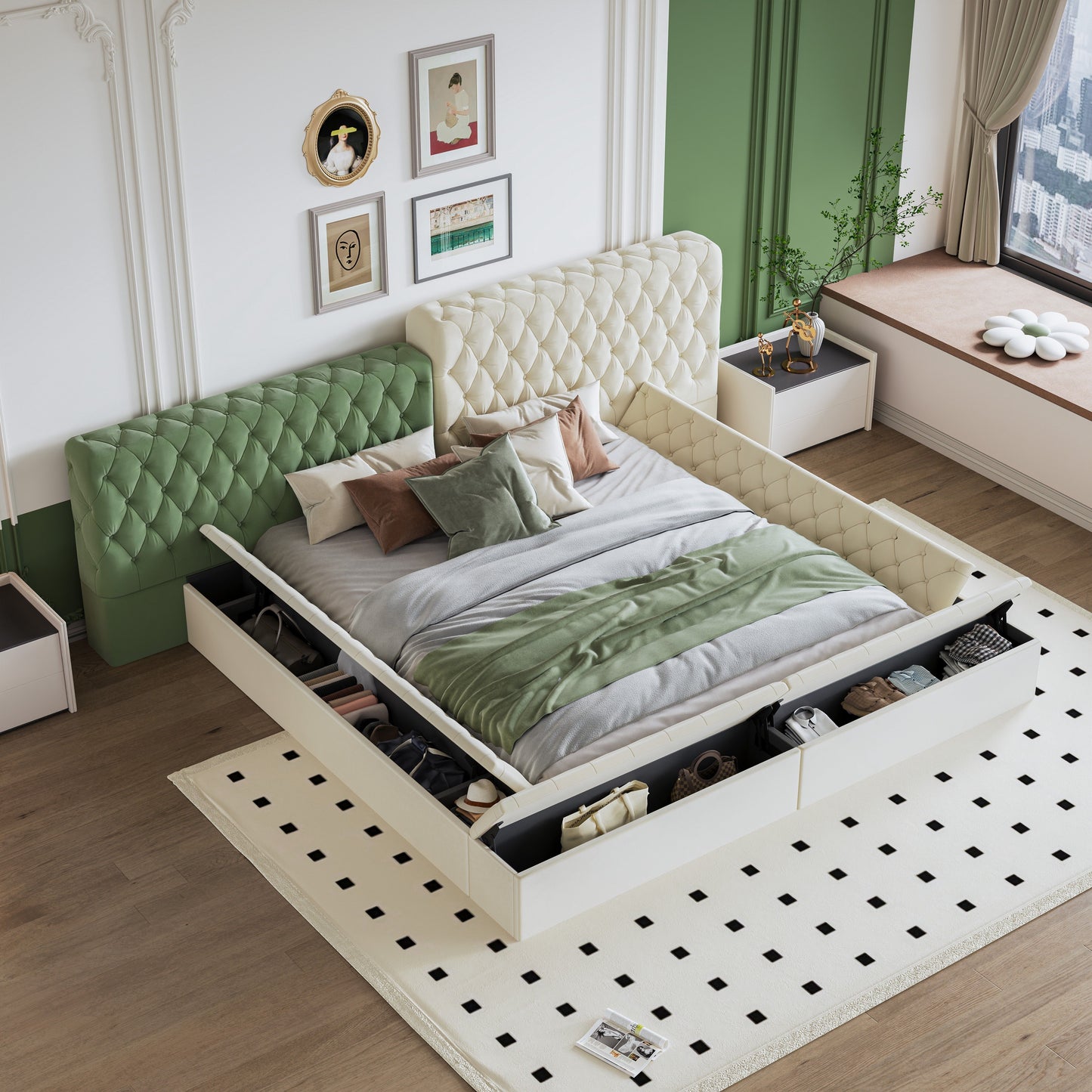 King Modern Upholstered Platform Bed With Storage Space, Sturdy And Stable Solid Wood Frame, Polyester Fabric, Easy To Assemble - Beige