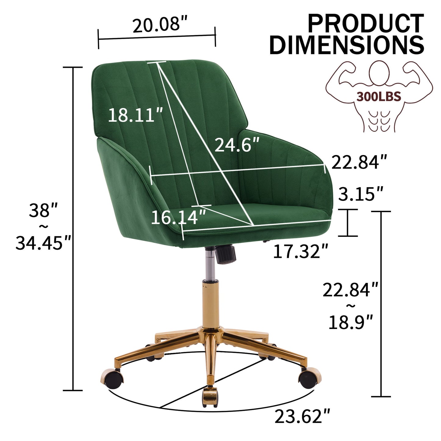 Adjustable Office Chair, Ergonomic Swivel Chair, Backrest Seat, Comfortable For Long Sitting - Green