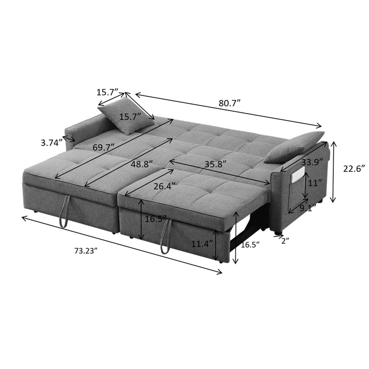 3 In 1 Convertible Sleeper Sofa Bed, Modern Fabric Loveseat Futon Sofa Couch Pullout Bed, Small Love Seat Lounge Sofa Reclining Backrest, Pillows, Pockets, Home Furniture For Living Room - Gray