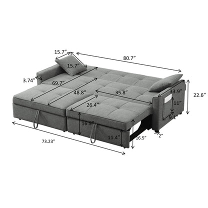 3 In 1 Convertible Sleeper Sofa Bed, Modern Fabric Loveseat Futon Sofa Couch Pullout Bed, Small Love Seat Lounge Sofa Reclining Backrest, Pillows, Pockets, Home Furniture For Living Room - Gray