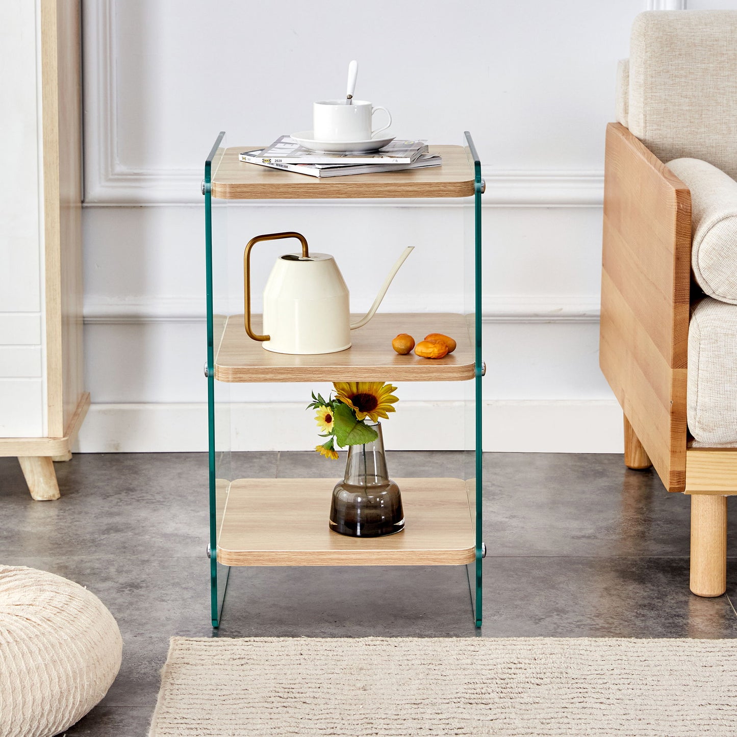 Modern 3 Layer Bedside Cabinet With Storage Function In Wood And Tempered Glass - Wood