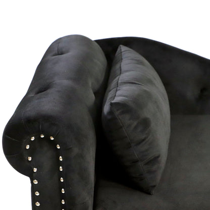 Chaise Lounge Indoor, Velvet Lounge Chair For Bedroom With Storage & Pillow, Modern Upholstered Rolled Arm Chase Lounge For Sleeping With Nailhead Trim For Living Room Bedroom Office - Black