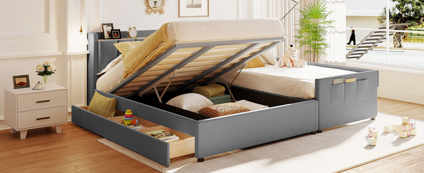 Queen & Twin Long Size Upholstered Platform Bed, Mother & Child Bed With Hydraulic Storage System, Drawer Box, Bedhead Storage Shelf And 2 Pairs Of Sockets & USB Ports - Gray
