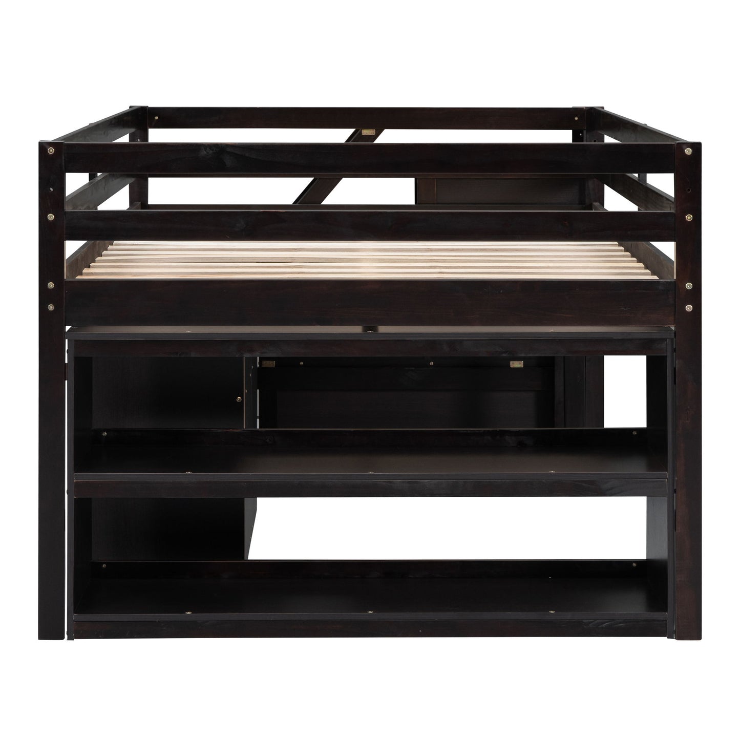 Full Size Loft Bed With Retractable Writing Desk And 3 Drawers With Storage Stairs And Shelves - Espresso