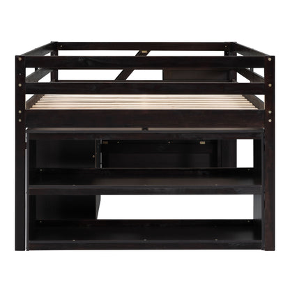 Full Size Loft Bed With Retractable Writing Desk And 3 Drawers With Storage Stairs And Shelves - Espresso