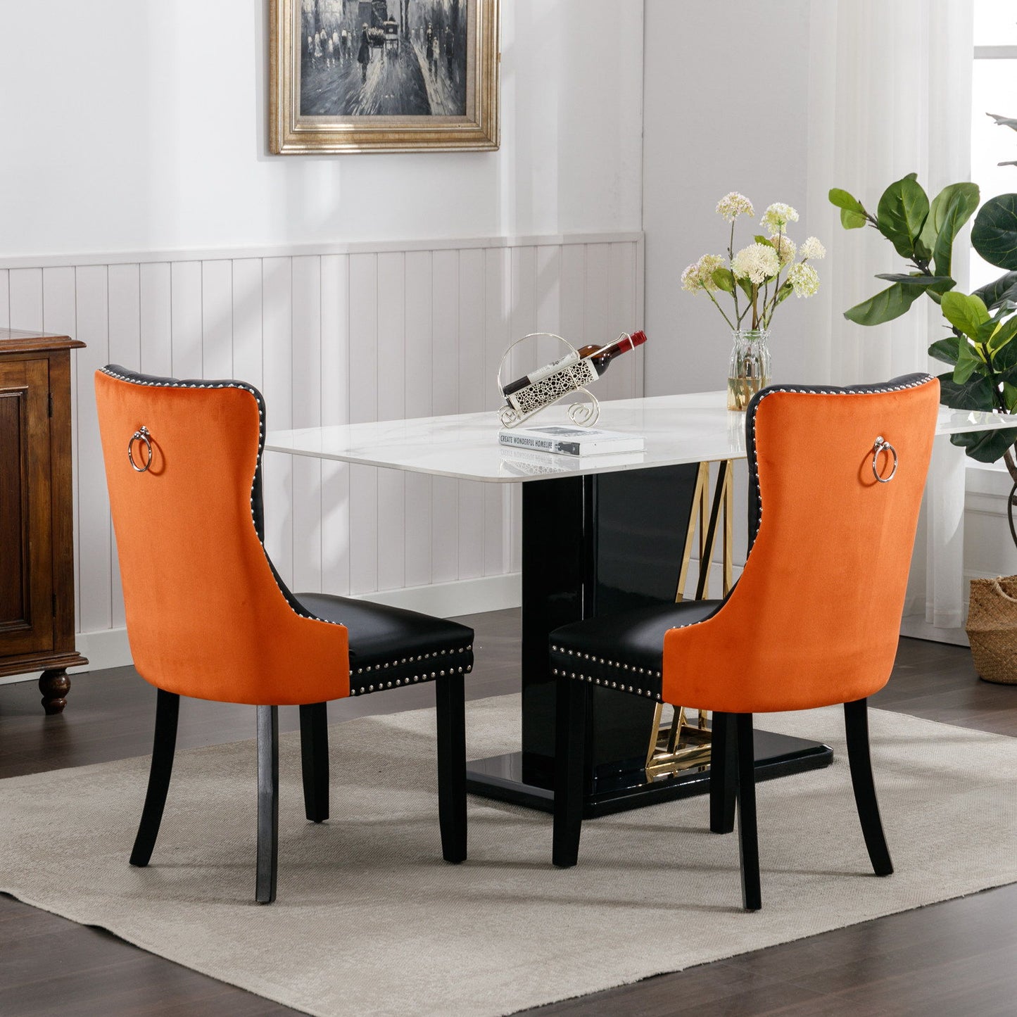 Nikki - Modern, High-End Tufted Solid Wood Contemporary And Velvet Upholstered Dining Chair With Wood Legs Nailhead Trim (Set of 2) - Black / Orange
