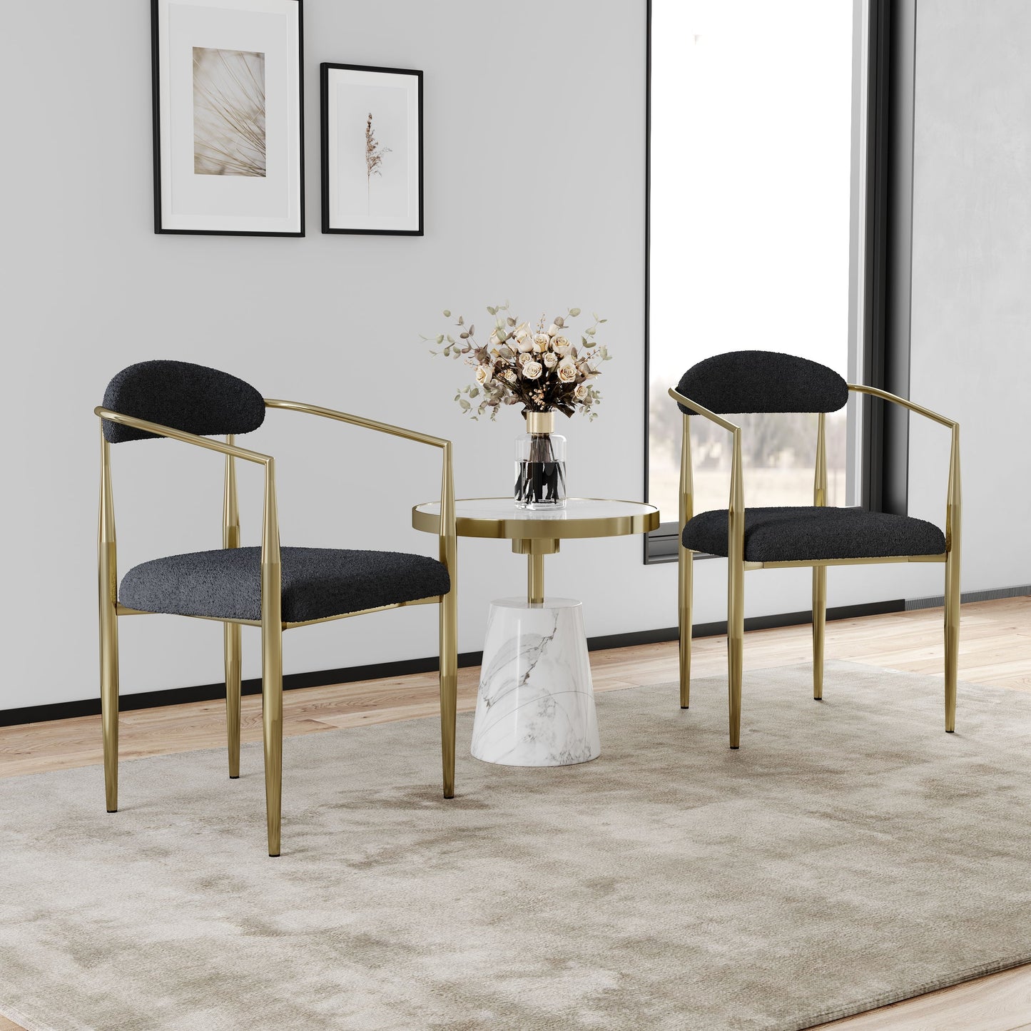 Dining Chairs (Set of 2), Mid-Century Modern Dining Chairs, Kitchen Dining Room Chairs, Round Boucle Backrest Sherpa Dining Chair With Metal Legs - Black / Gold