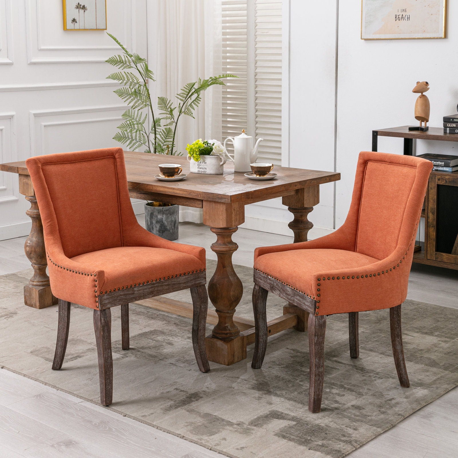 Ultra Side Dining Chair,Thickened Fabric Chairs With Neutrally Toned Solid Wood Legs, Bronze Nail Head (Set of 2) - Orange