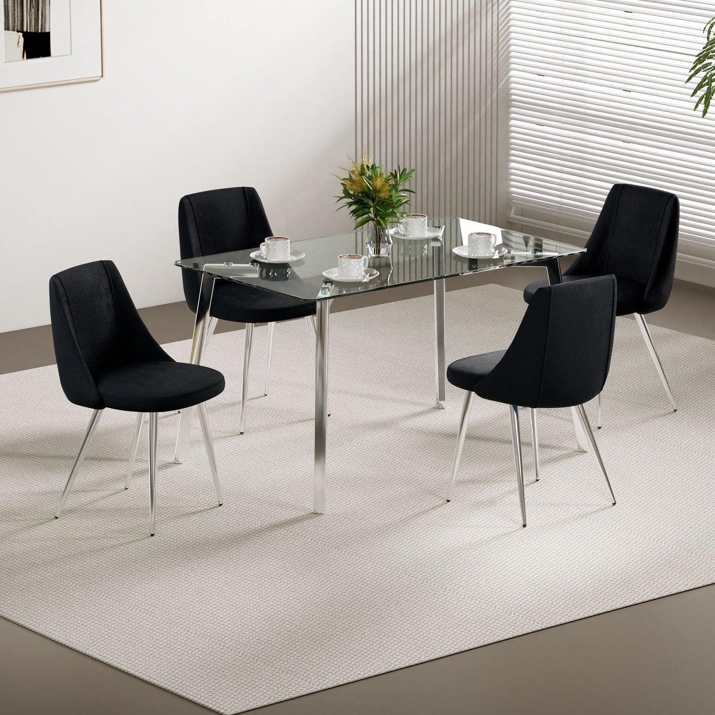 Modern Velvet Dining Chair With Chrome Metal Legs For Home And Office (Set of 4) - Black