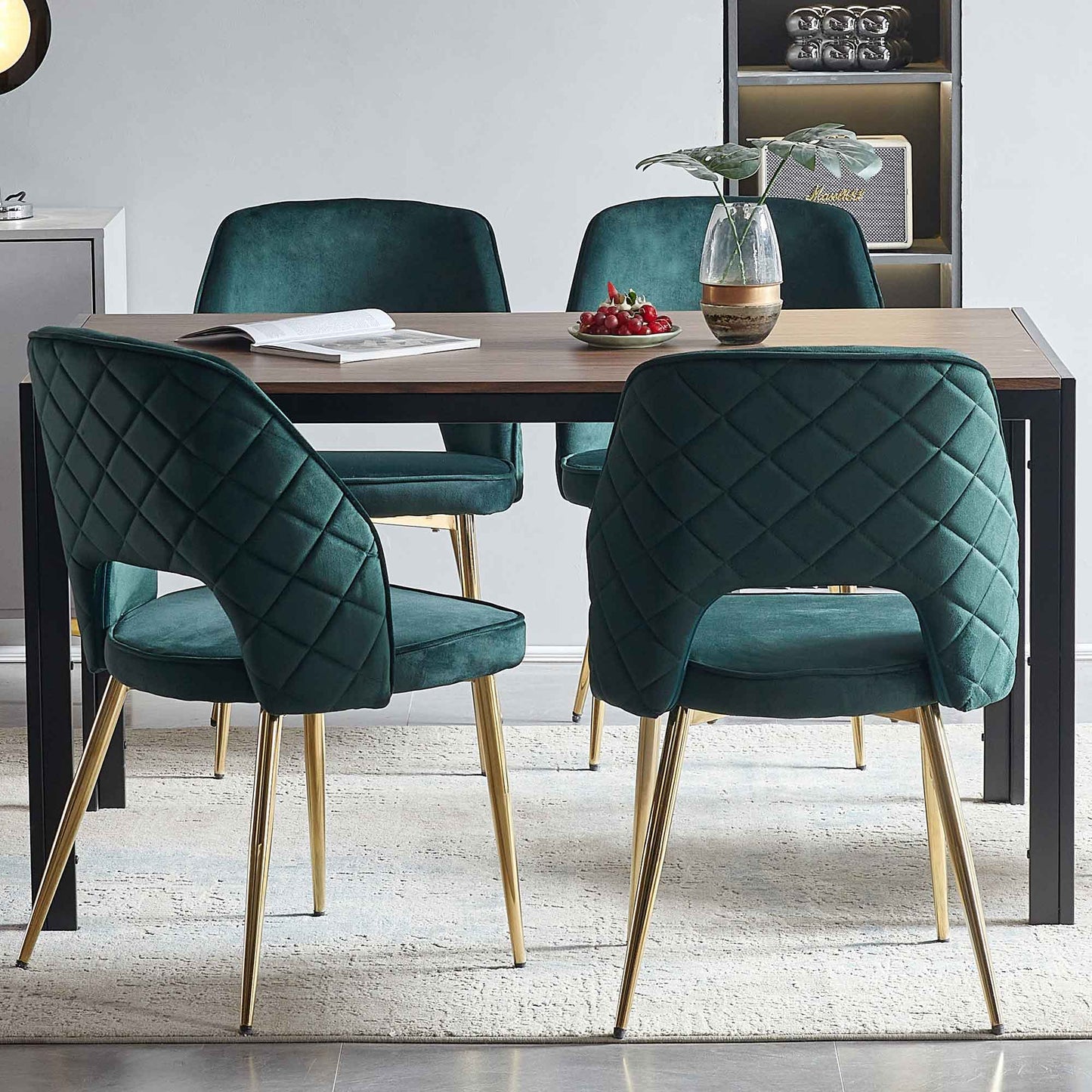 Velvet Dining Chairs With Metal Legs And Hollow Back Upholstered Dining Chairs (Set of 4) - Dark Green