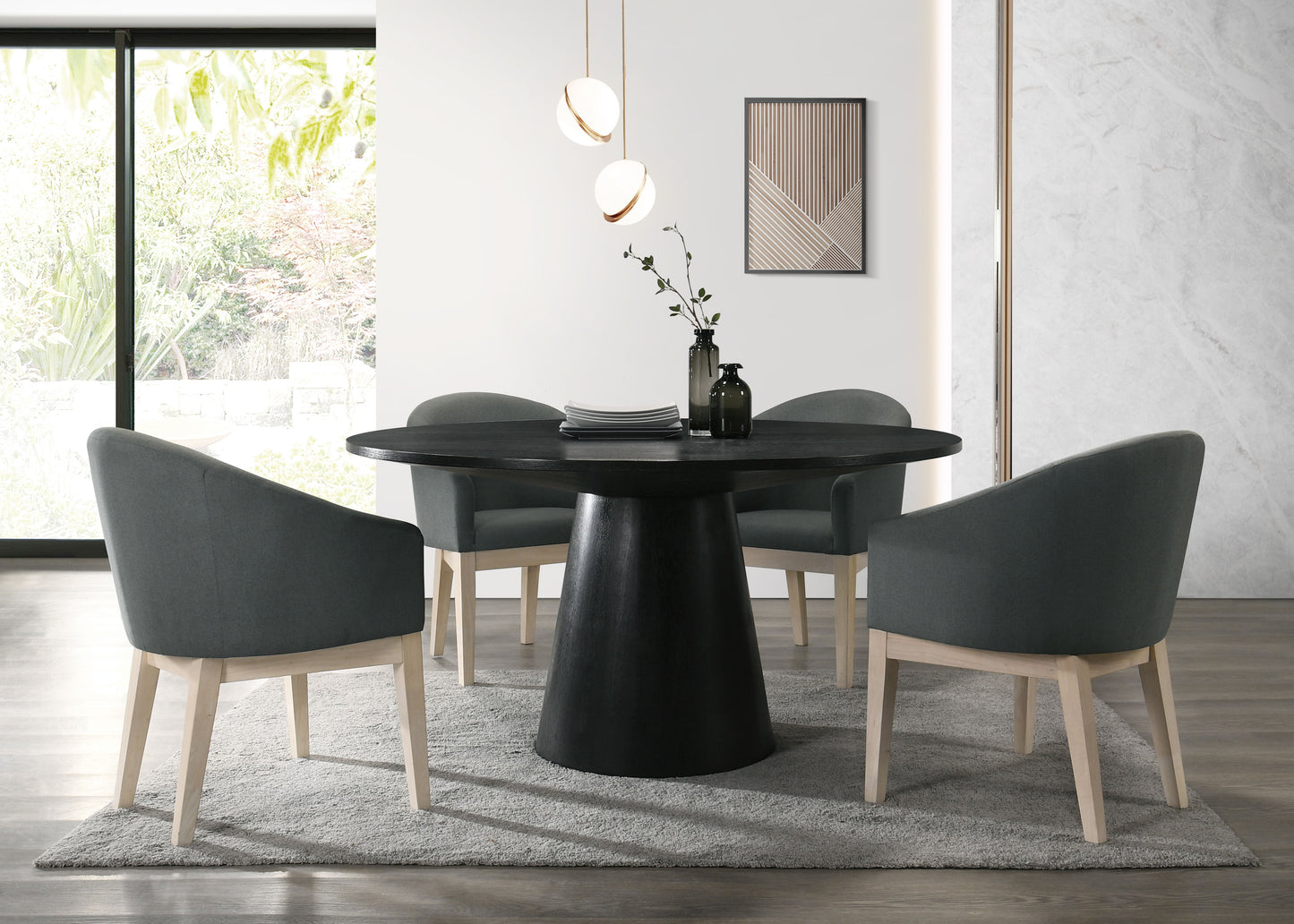Jasper - 5 Piece Round Dining Table Set With Gray Chairs (Set of 5) - Ebony Black