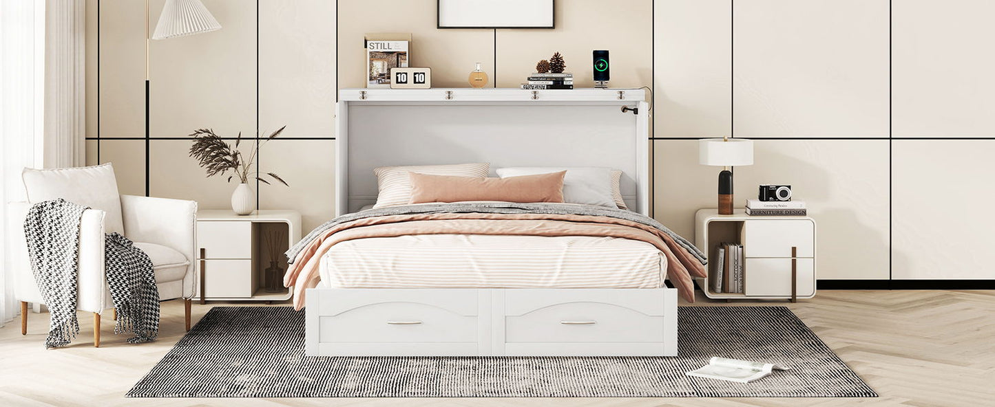 Queen Size Murphy Wall Bed With Drawer And A Set Of Sockets & USB Ports, Pulley Structure Design - White