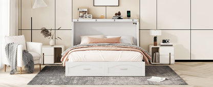 Queen Size Murphy Wall Bed With Drawer And A Set Of Sockets & USB Ports, Pulley Structure Design - White