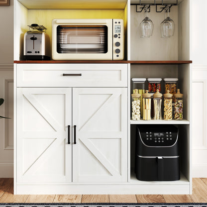 Farmhouse Kitchen Pantry Sideboard With Cabinet And Drawer, Multi Functional Kitchen Buffet With Hutch And Glass Holder, Microwave Stand With Charging Station - Brown / Antique White