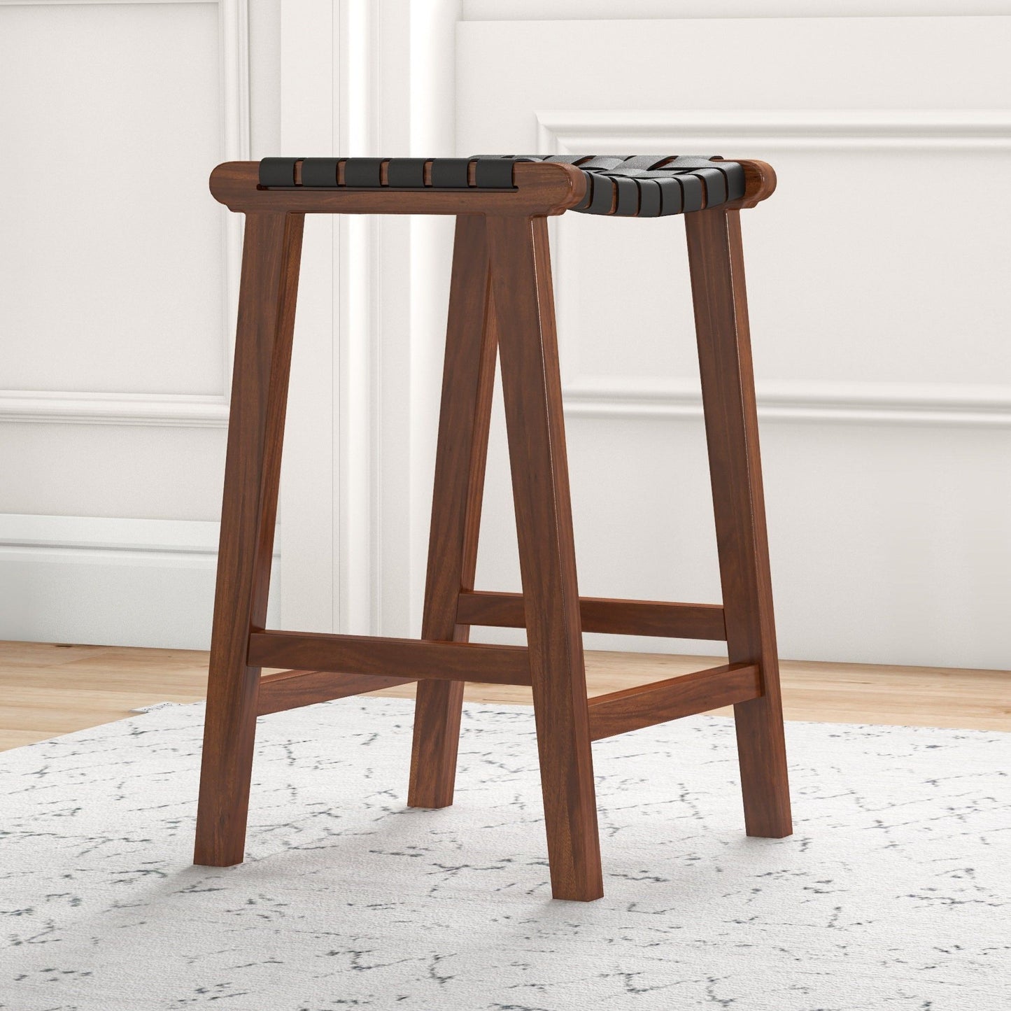James - Mid-Century Modern Genuine Leather Counter Stool - Black / Brown