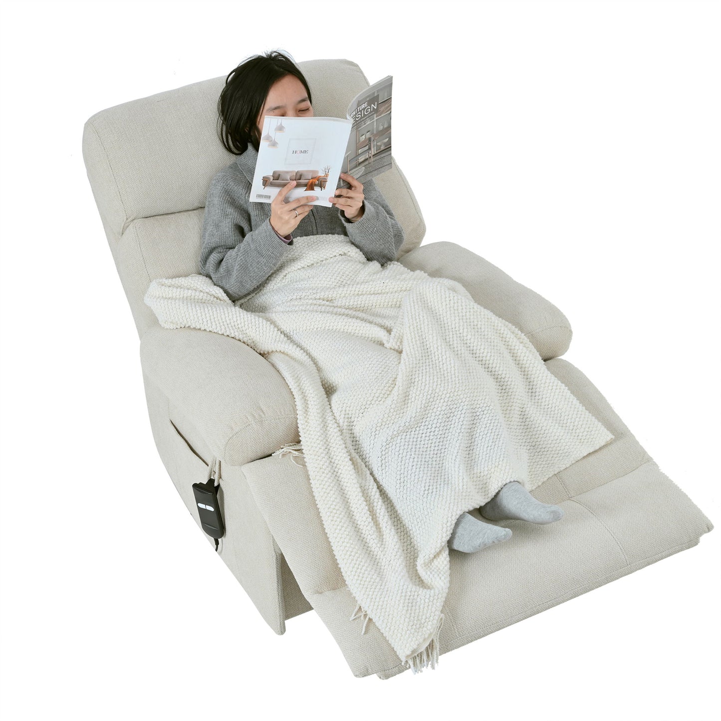 Oversized Power Lift Recliner Chair - Electric Fabric Reclining Sofa Chair With Remote Control, Side Pocket, And Spacious Seat For Home Theater - Light Gray