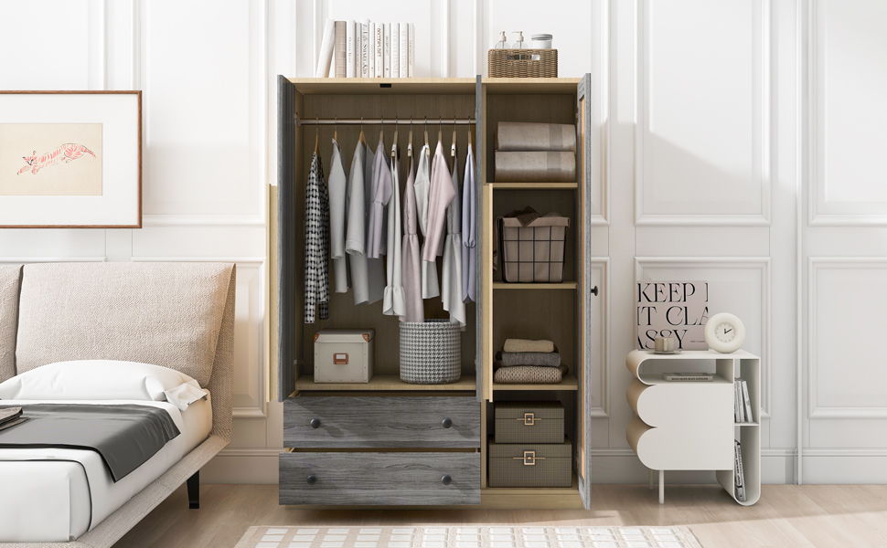 3 Doors Rattan Wardrobe Storage For Bedroom, With 2 Drawers - Gray / Nature