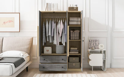 3 Doors Rattan Wardrobe Storage For Bedroom, With 2 Drawers - Gray / Nature