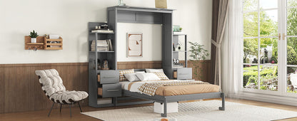 Full Size Murphy Wall Bed With Shelves, Drawers And LED Lights - Gray