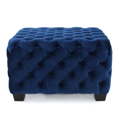 Modern Glam Ottoman With Velvet Upholstery And Button Tufted Design - Navy Blue