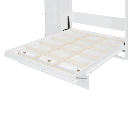 Full Size Murphy Wall Bed With Shelves, Wardrobe And LED Lights - White