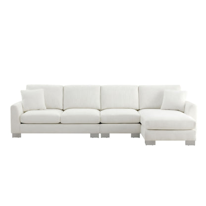 Modern Oversized Sectional Sofa, L-Shaped Luxury Couch Set With 2 Free Pillows, 5 Seat Chenille Indoor Furniture With Chaise - White