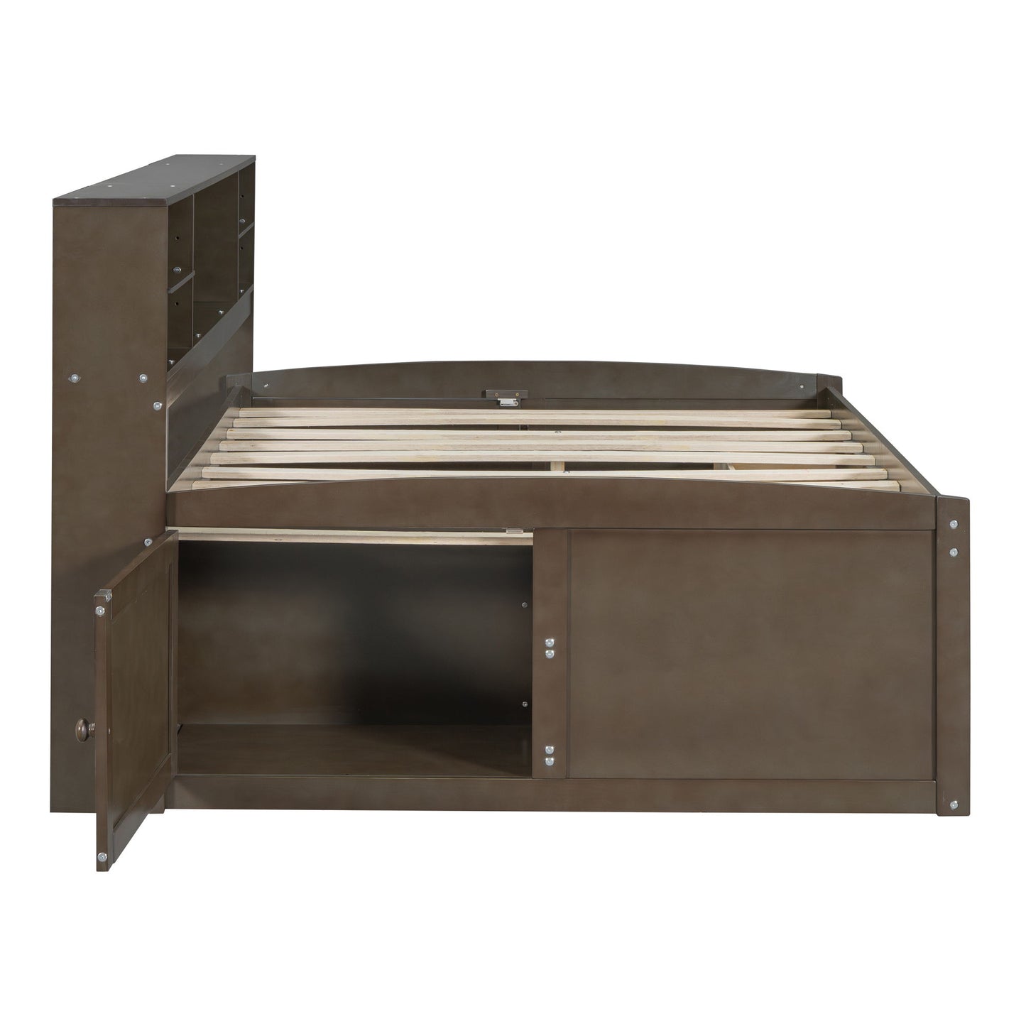 Full Size Daybed With 2 Bedside Cabinets, Upper Shelves And 4 Drawers - Antique Brown