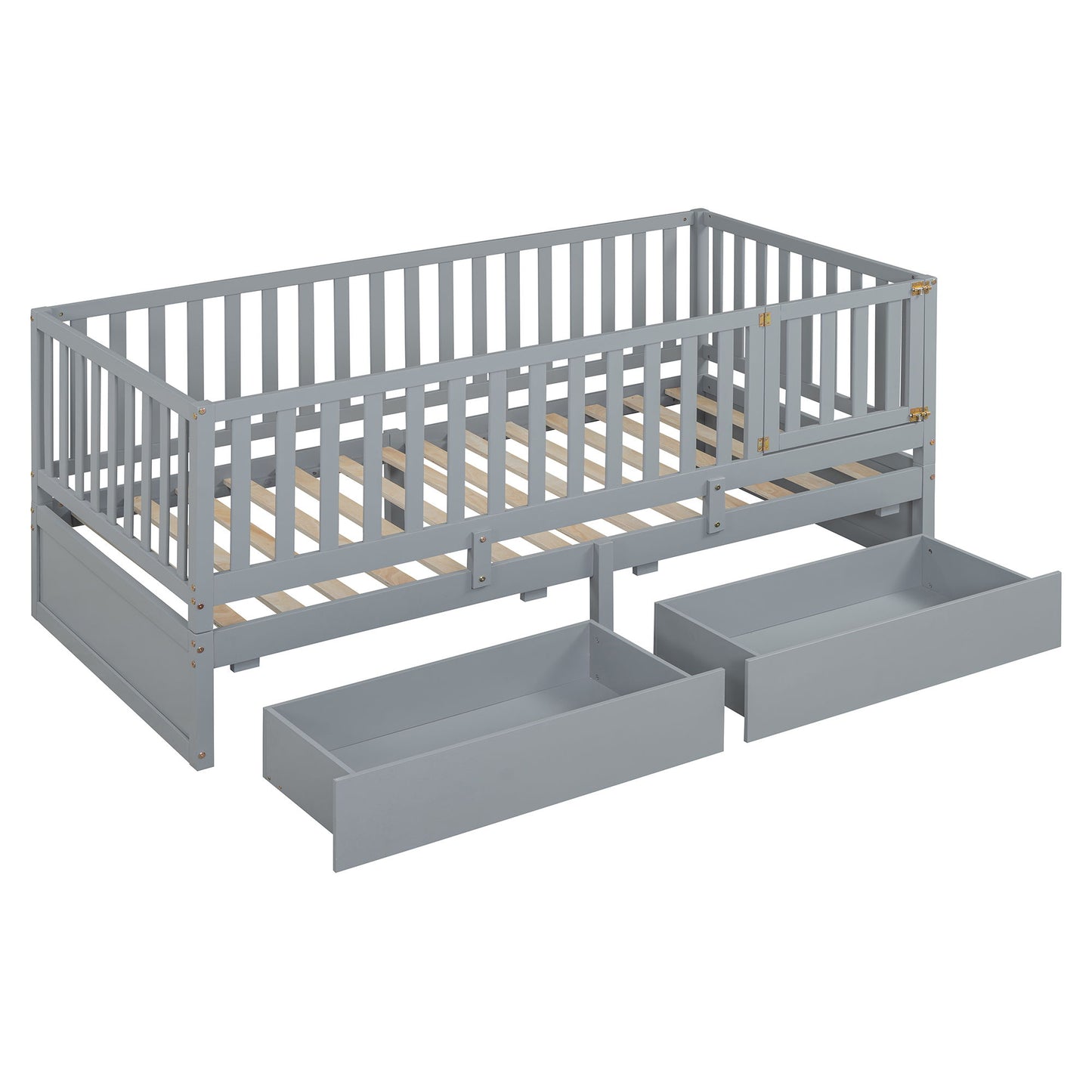 Twin Size Daybed With Fence Guardrails And 2 Drawers, Split Into Independent Floor Bed & Daybed - Gray